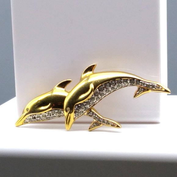 Vintage Pave Leaping Dolphins Brooch, Gold Tone with Clear Crystals - Picture 1 of 4